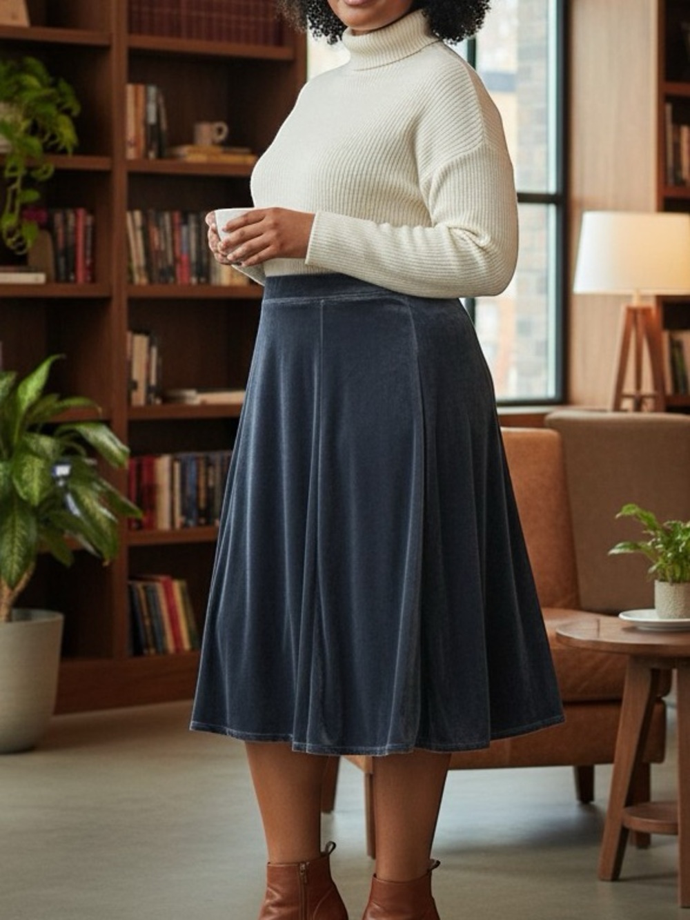 Susan Graver Stretch Velvet Pull-on Elastic Waist Midi Skirt Dark Gray QVC 2X